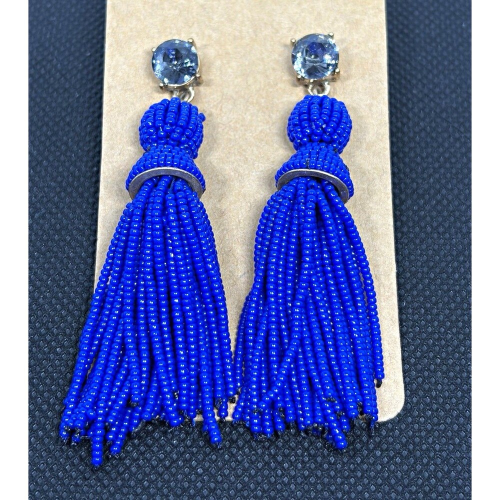 Cobalt Blue Seed Bead Tassel Drop Earrings Rhinestone Crystal Statement Boho